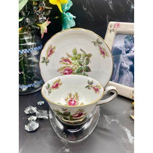 Royal Chelsea "Moss Rose" collection, English Bone China teacup and saucer